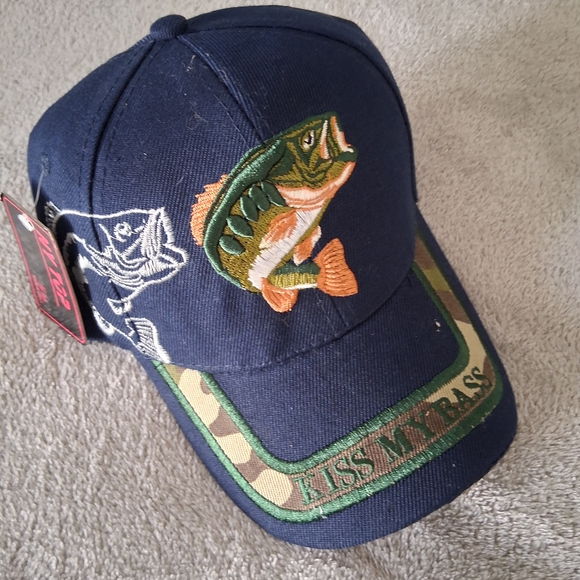 ny top Other - Bass Fishing Embroidered Kiss My Bass Strapback Hat Adult Adjustable Blue NWT